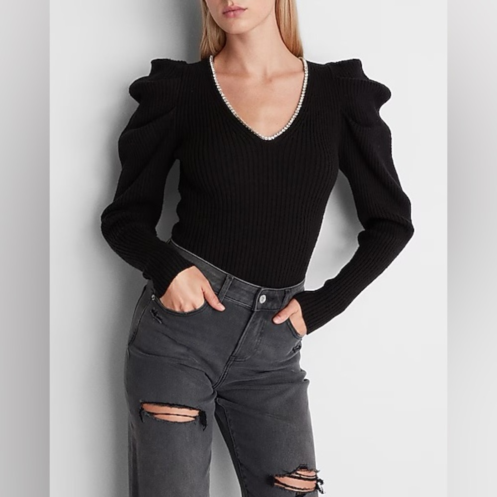 Express Black Ribbed Rhinestone V-Neck Puff Sleeve Sweater structured shoulders
